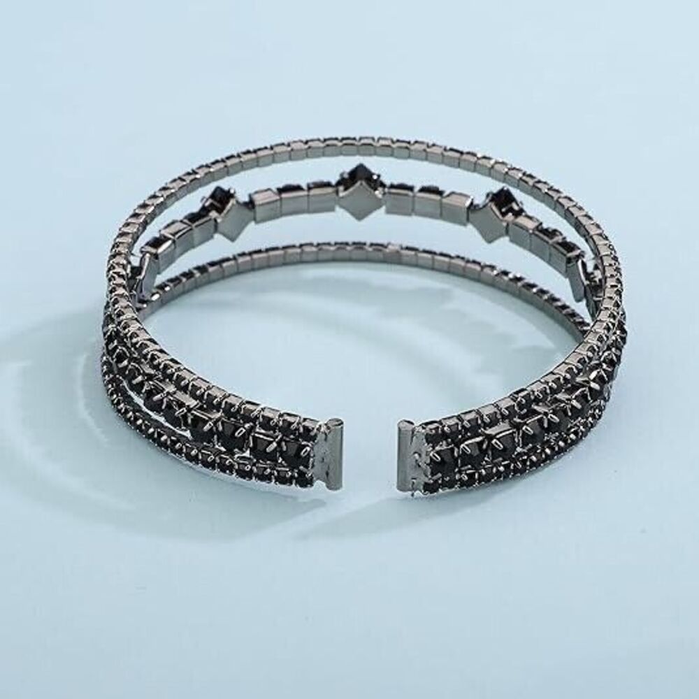 Vintage Elegant Black Multi Row Crystal Pearl Cuff Rhinestone Bridals Crystal